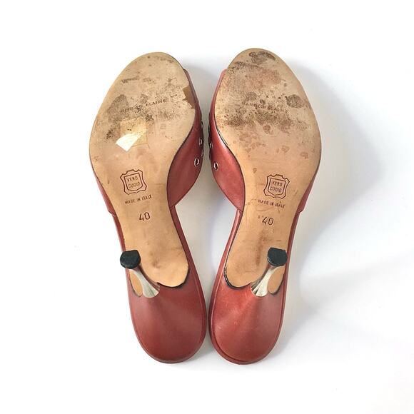 Manolo Blahnik Retro Vintage Brown Leather Grommet Slip On Mules Sandals 40 - Picture 7 of 9